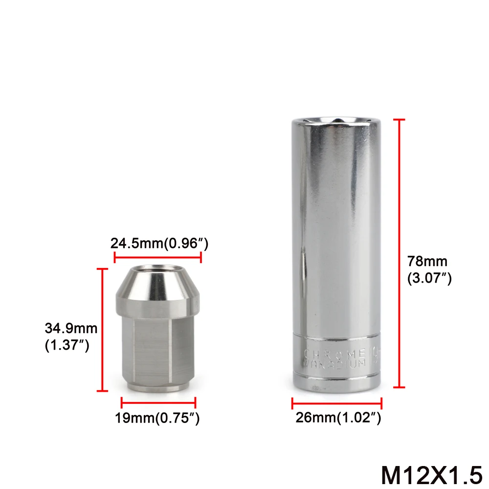 Kit 20 Porcas de Roda M12x1.5 ou M14x1.5 Aço Inox Hex 19mm 35mm - Imagem 2