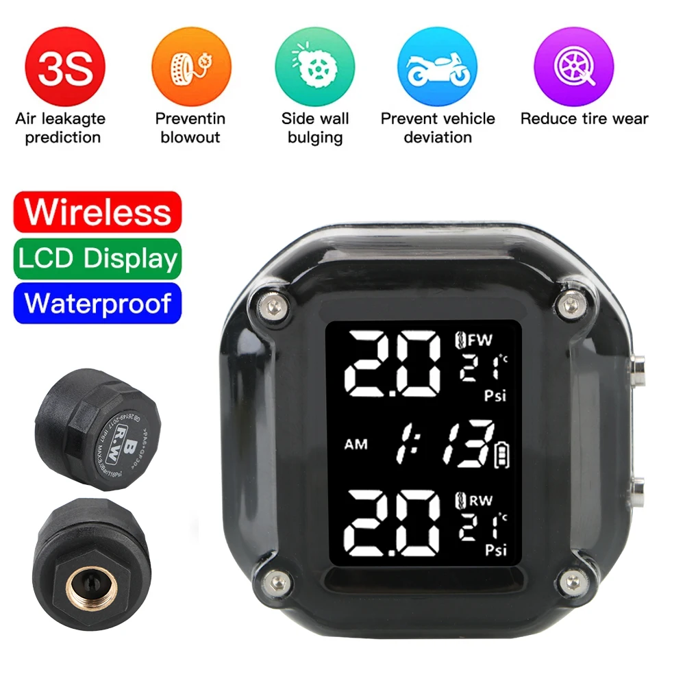 Sensor TPMS motocicleta display LCD 2 sensores externos USB - Imagem 2