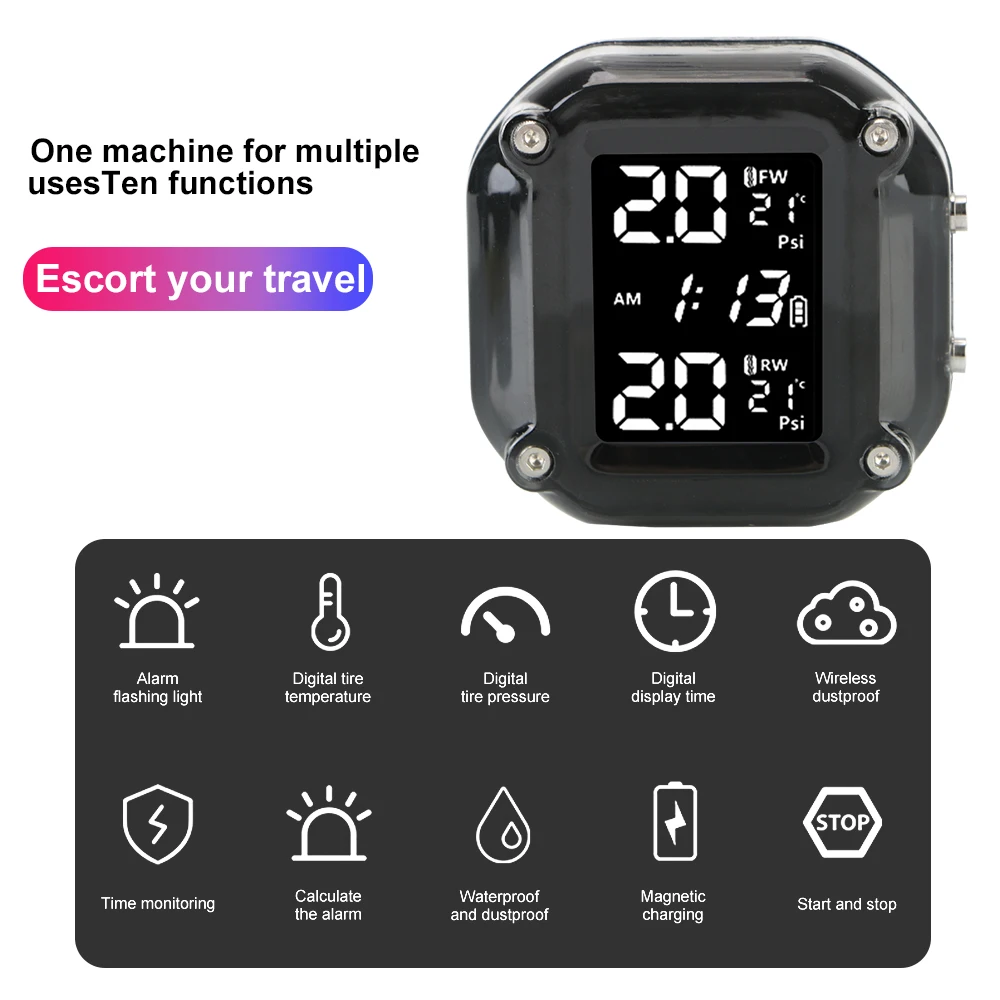 Sensor TPMS motocicleta display LCD 2 sensores externos USB - Imagem 5