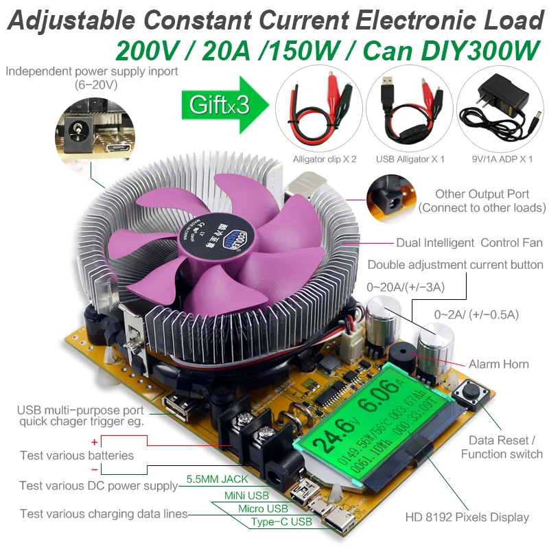 Testador de carga eletrônica USB 150W 20A 200V - Imagem 2