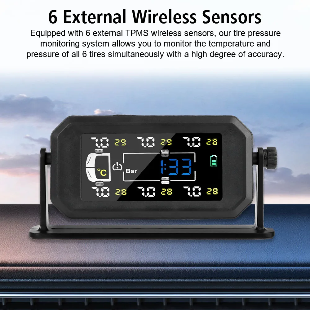 Monitor de Pressão dos Pneus TPMS Solar 6 Sensores Externos - Imagem 5