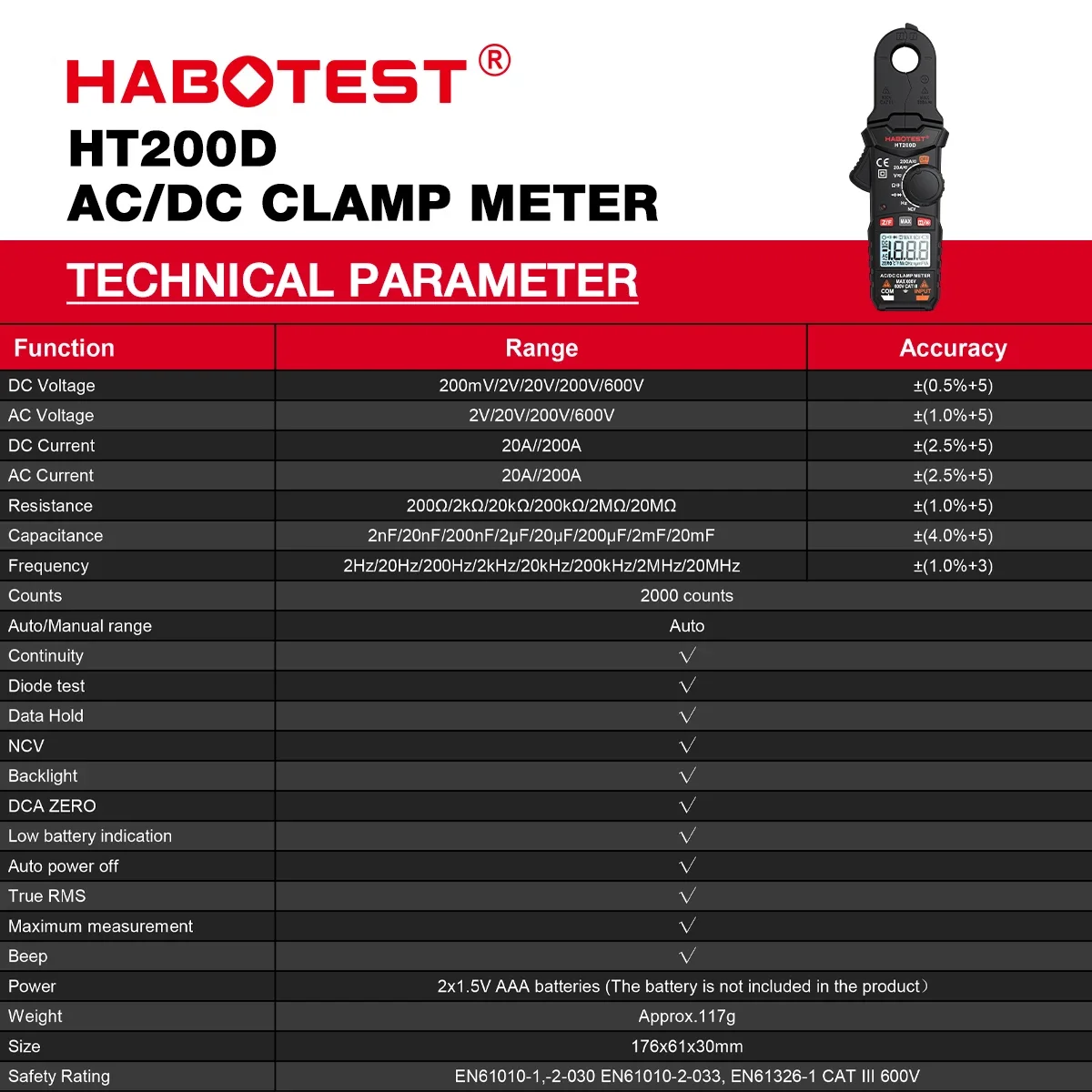 Alicate Amperímetro Digital Habotest HT200D 2000 Contagens True RMS - Imagem 3