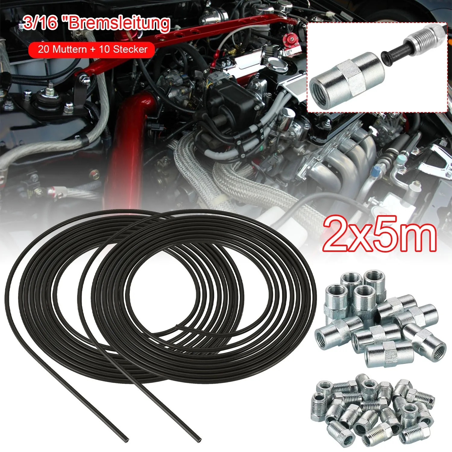 Tubo de freio 5m 3/16" (4,75mm) aço PVF com porcas M10 e conectores - Imagem 3