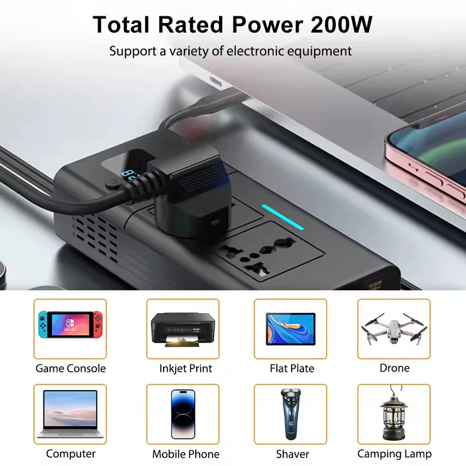 Inversor automotivo 200W 12V para 220V com USB QC3.0 e PD - Imagem 3