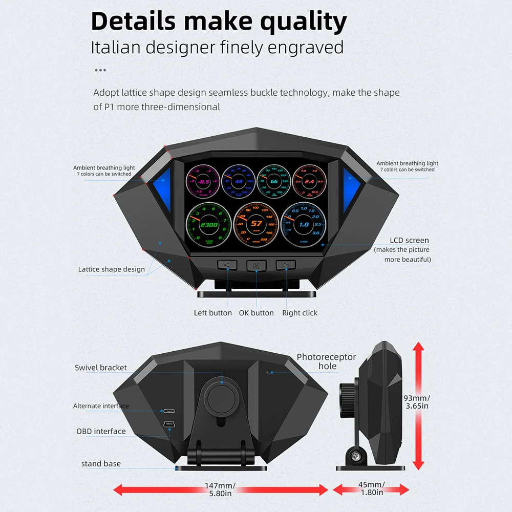 HUD P1 OBD2 GPS Velocímetro Digital com Medidor de Inclinação - Imagem 5