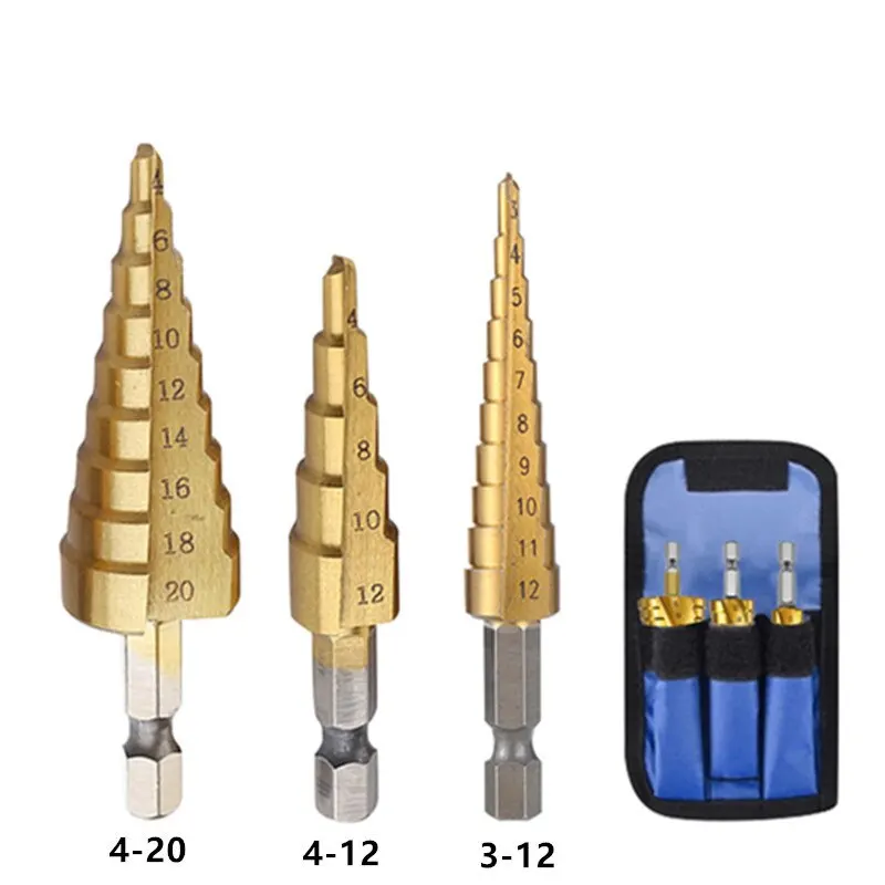 Kit 3 Brocas Escalonadas HSS Titânio 3-12mm 4-12mm 4-20mm - Imagem 2