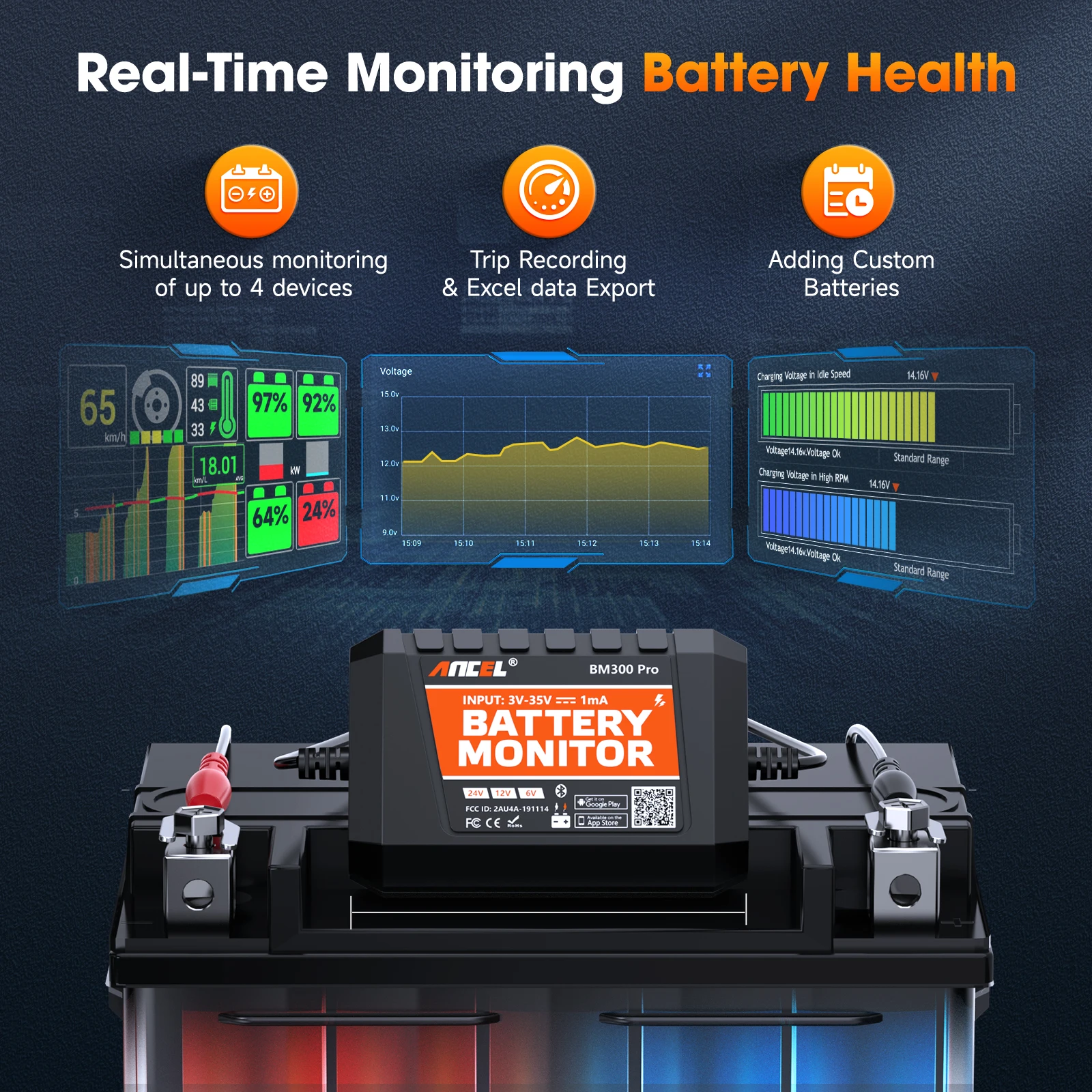 Monitor de Bateria ANCEL BM300 Pro 6V/12V/24V - Imagem 5