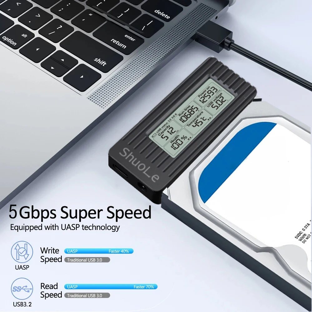 Adaptador USB 3.2 para SATA com tela para SSD/HDD 2.5 e 3.5 Polegadas - Imagem 4