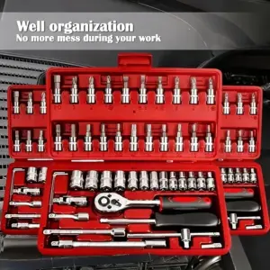 Kit Ferramentas Reparação 46 Peças Soquetes 1/4 Pol Chave Catraca