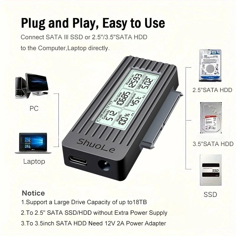 Adaptador USB 3.2 para SATA com tela para SSD/HDD 2.5 e 3.5 Polegadas - Imagem 5