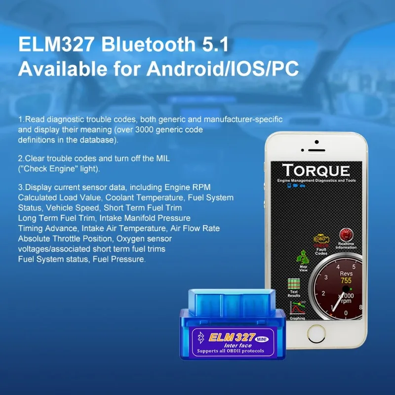 Scanner automotivo ELM327 Mini v2.1 Bluetooth OBD2 para Android/Windows - Imagem 3