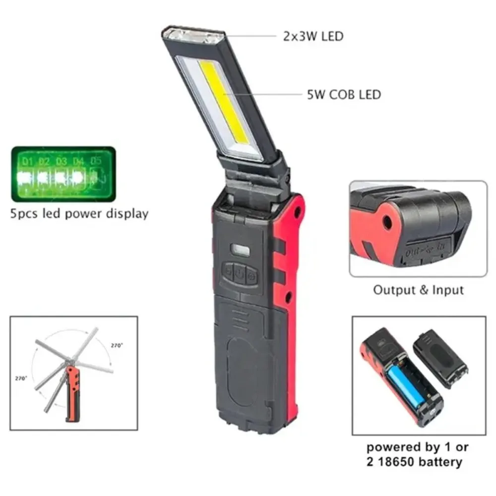 Lanterna de inspeção COB LED recarregável USB com gancho magnético - Imagem 3