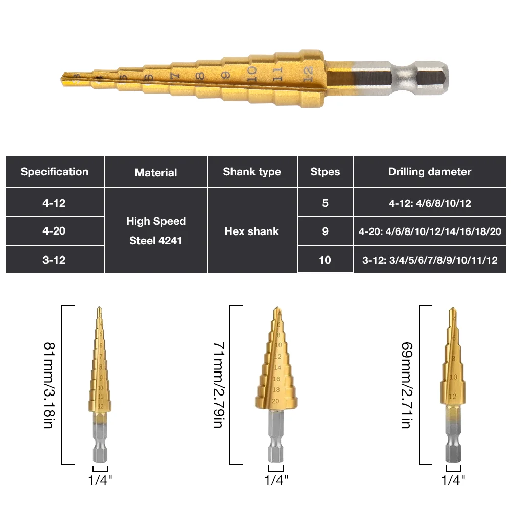Kit 3 Brocas Escalonadas Pagode Haste Hexagonal 1/4" Aço Rápido - Imagem 2