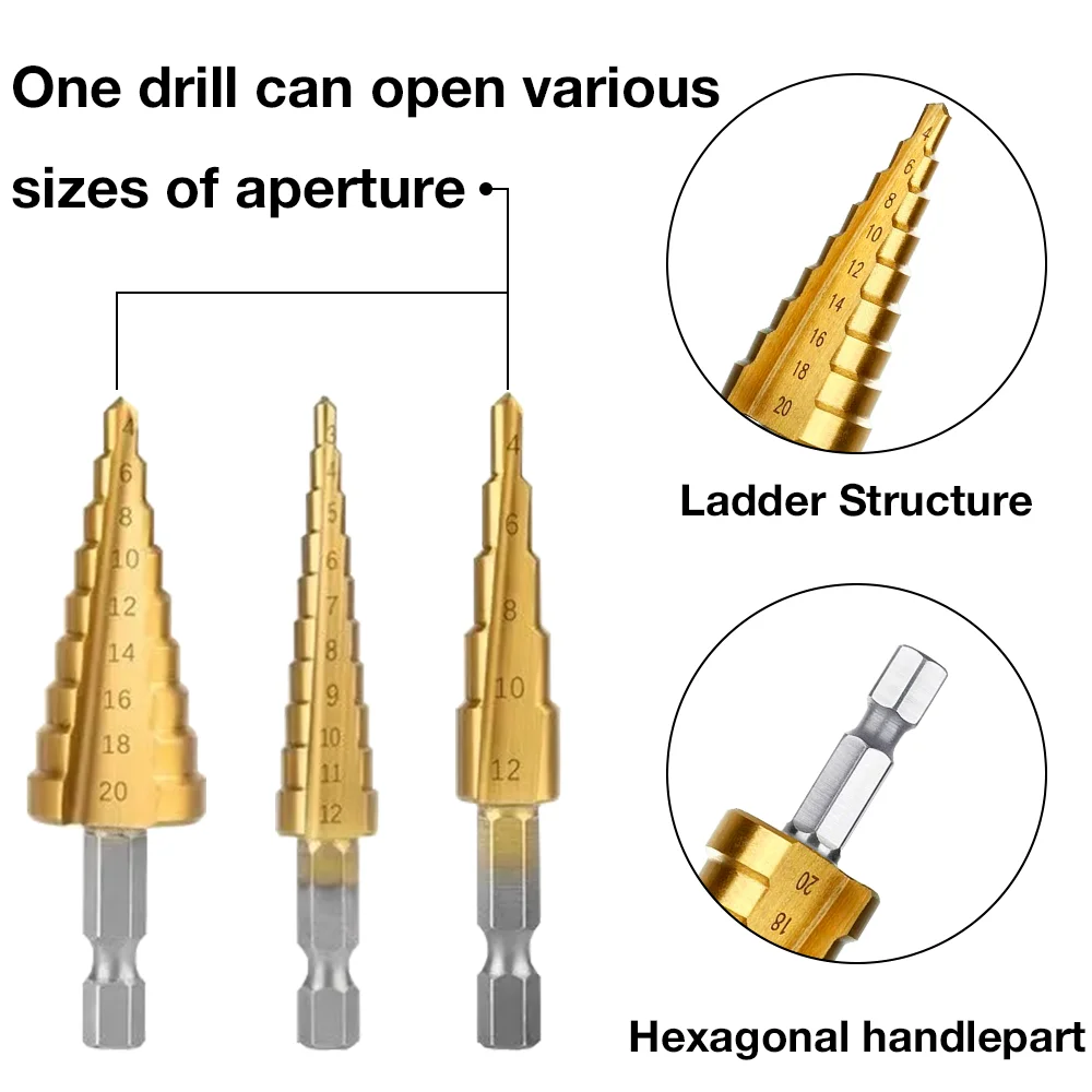 Kit 3 Brocas Escalonadas Pagode Haste Hexagonal 1/4" Aço Rápido - Imagem 3
