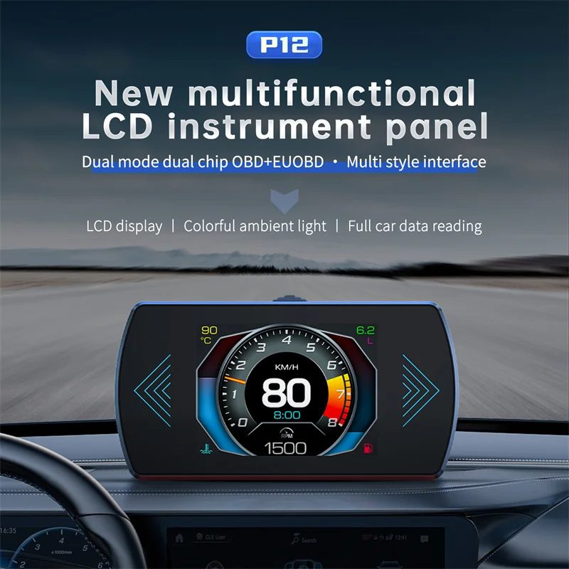 Display P12S OBD2 HUD com velocímetro e leitura de código de falhas - Imagem 3