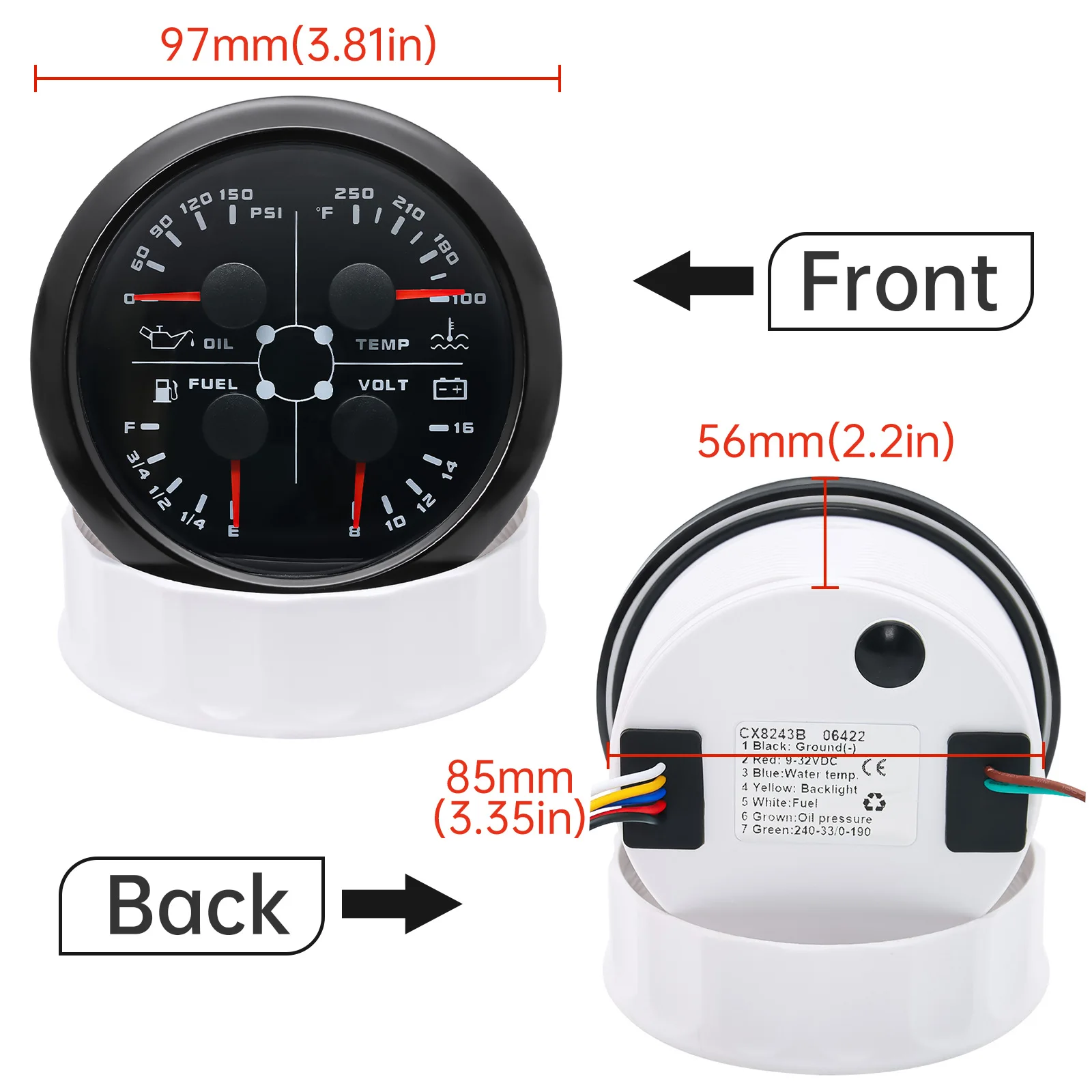 Medidor Multifuncional 4 em 1 85mm 12V Alarme - Imagem 4